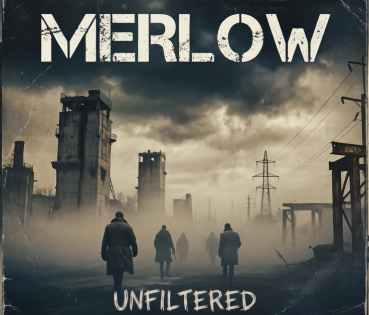 UNFILTERED album cover: MERLOW in stencil type over a fog-covered industrial skyline with figures walking away.